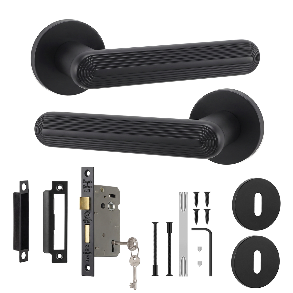 Marin Matt Black Privacy Door Lever Handles - Sash Lock Kit 76mm
