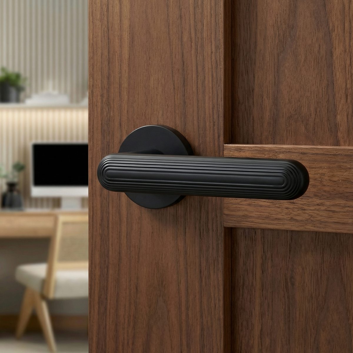Marin Matt Black Door Lever Handles – fitted on an interior door in a styled room setting