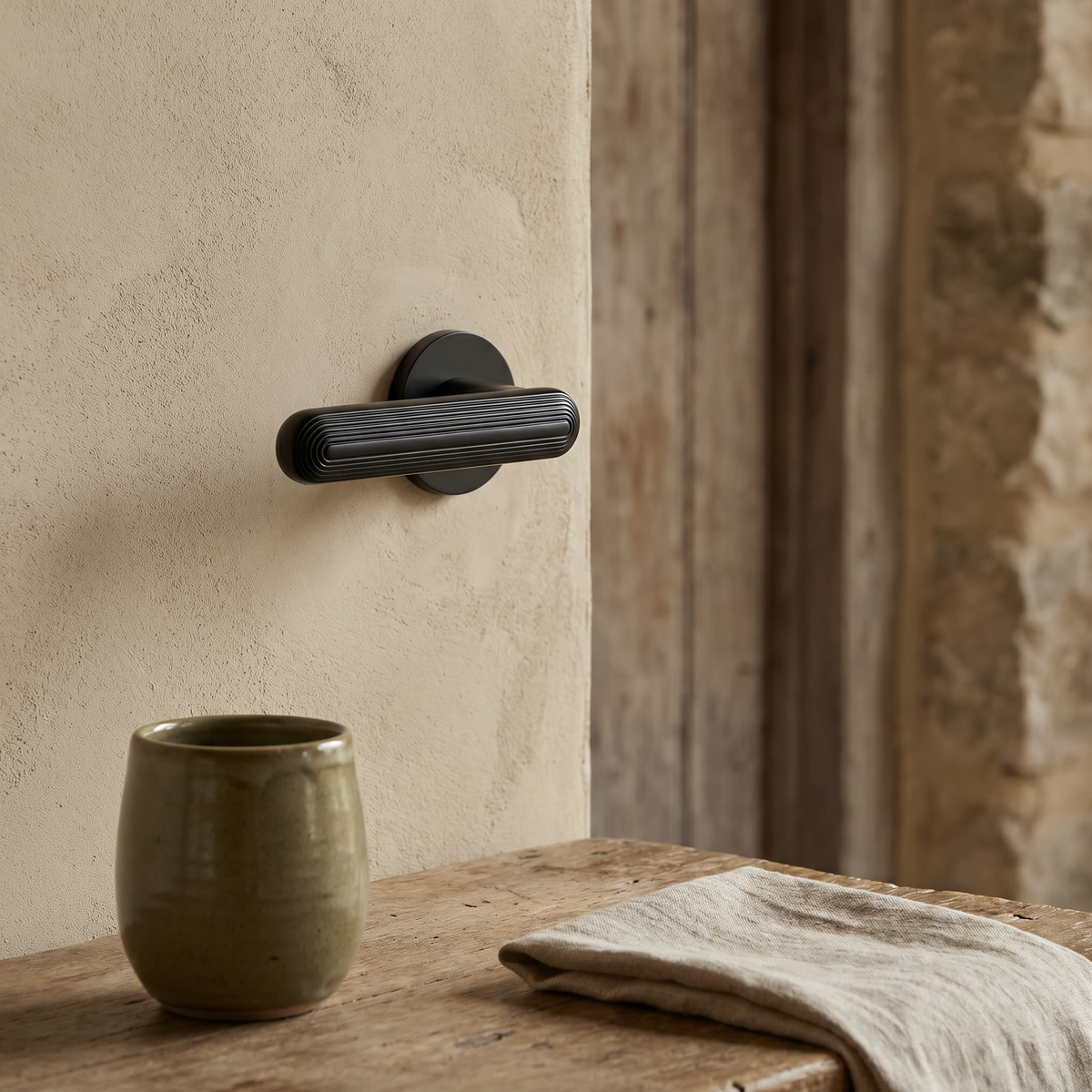 Marin Matt Black Door Lever Handles – fitted on an interior door in a styled room setting 4