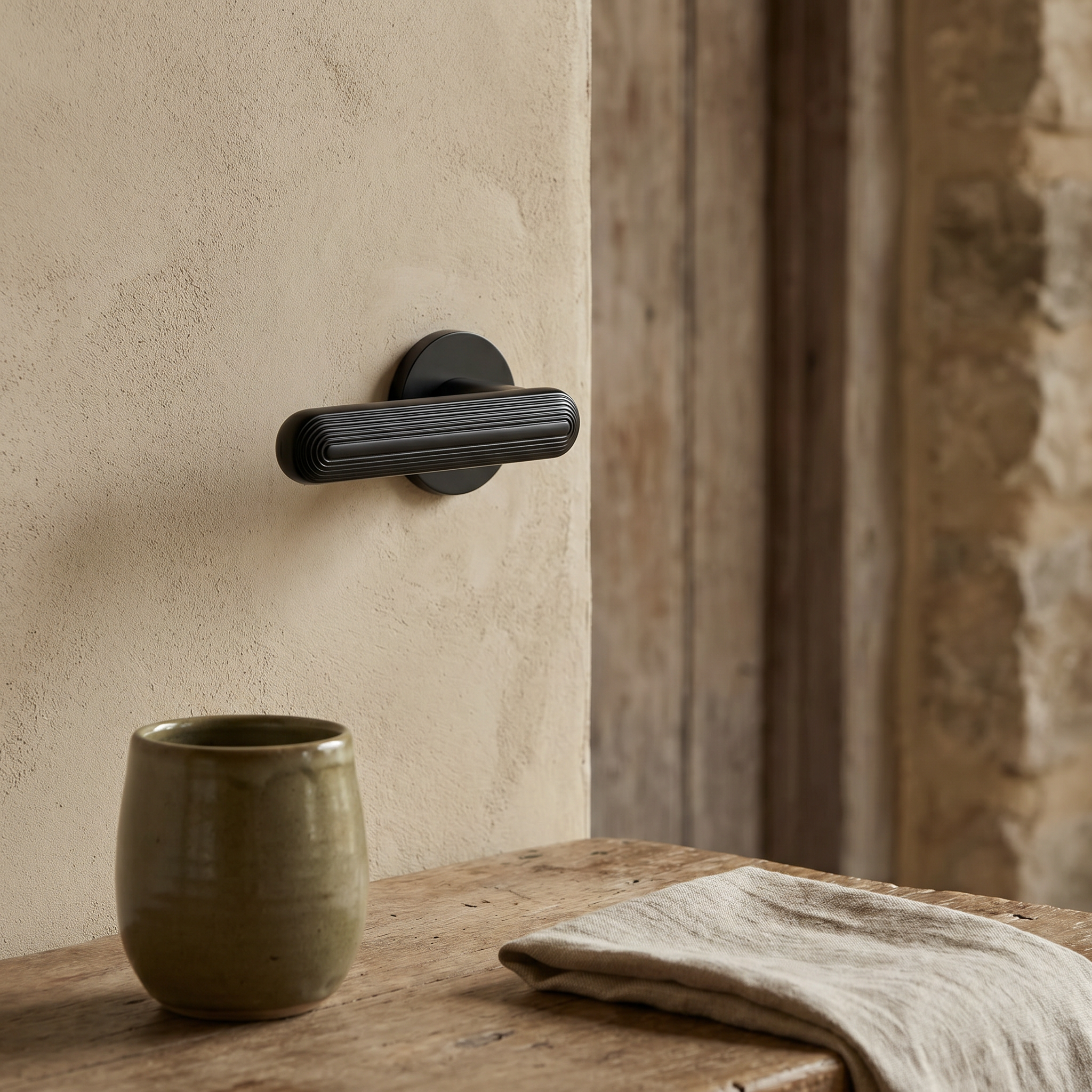Marin Matt Black Door Lever Handles – fitted on an interior door in a styled room setting 4