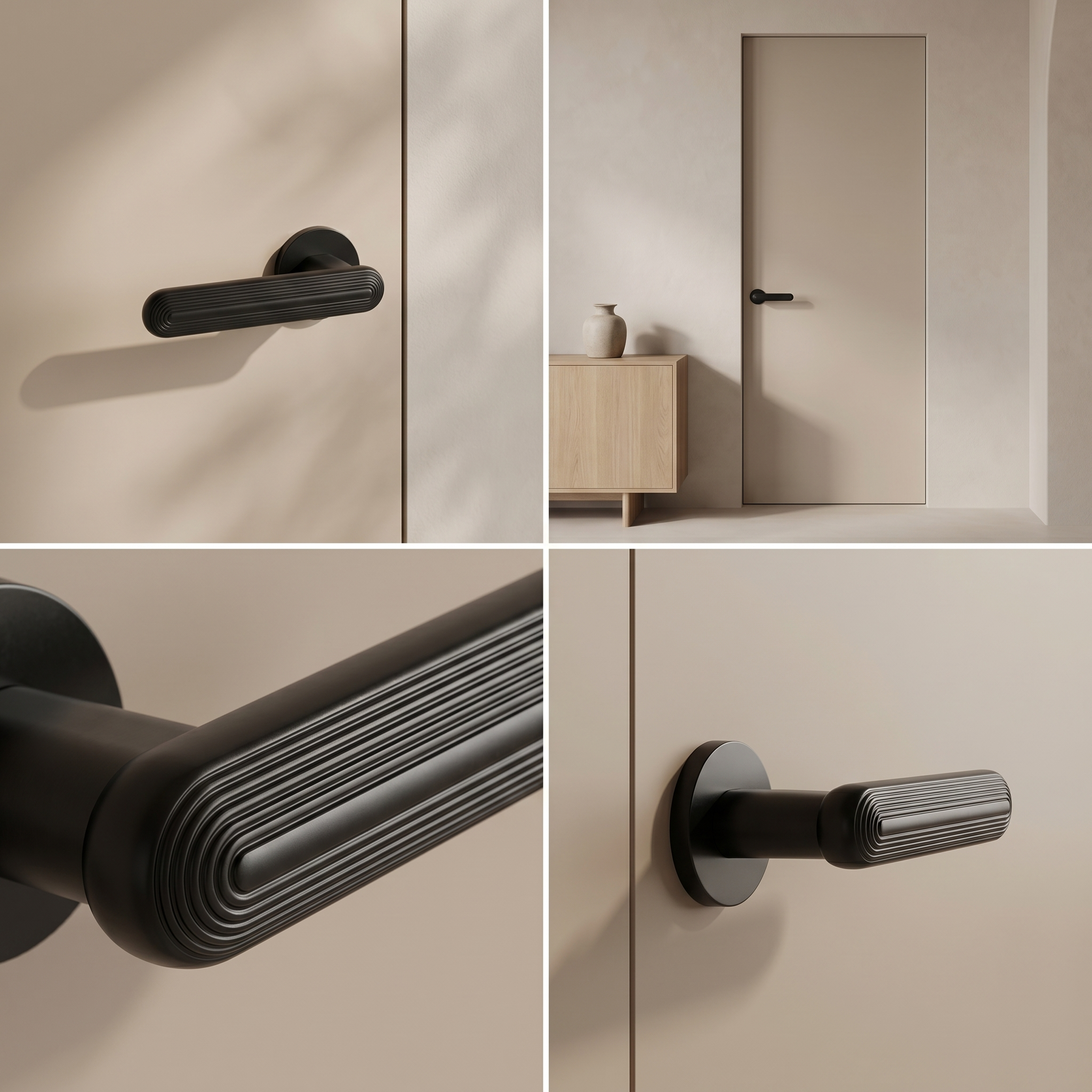 Marin Matt Black Door Lever Handles – fitted on an interior door in a styled room setting 5