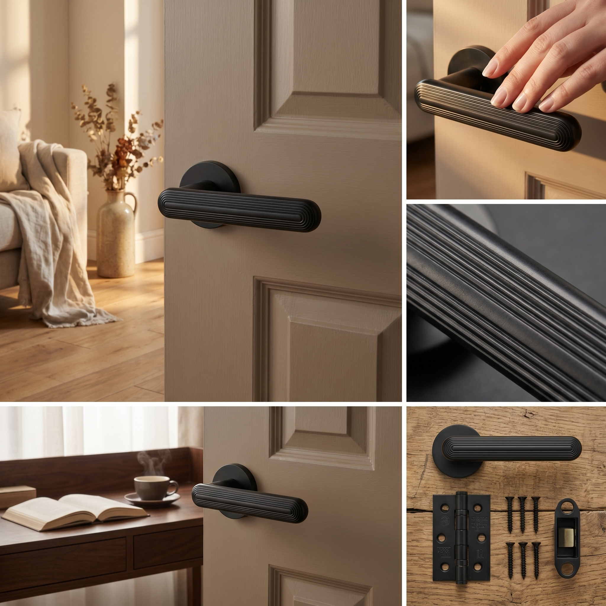 Marin Matt Black Door Lever Handles – fitted on an interior door in a styled room setting 6