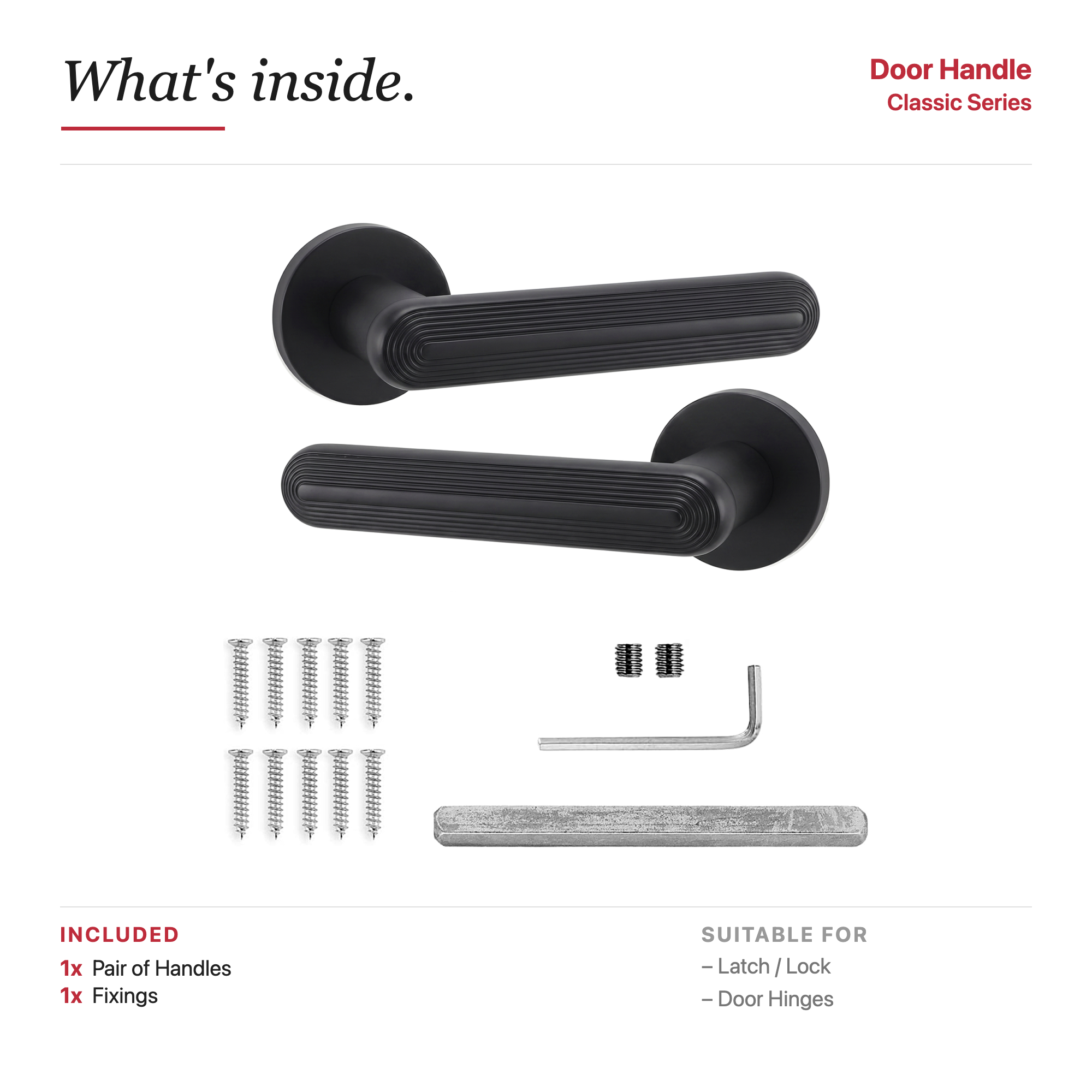 Marin Matt Black Door Lever Handles – showing what's included in the box