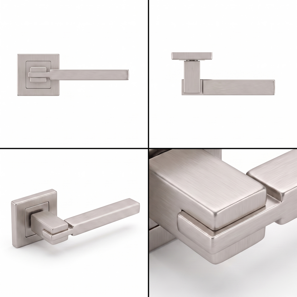 Nexus Satin Nickel Bathroom Door Lever Handles – shown from multiple angles