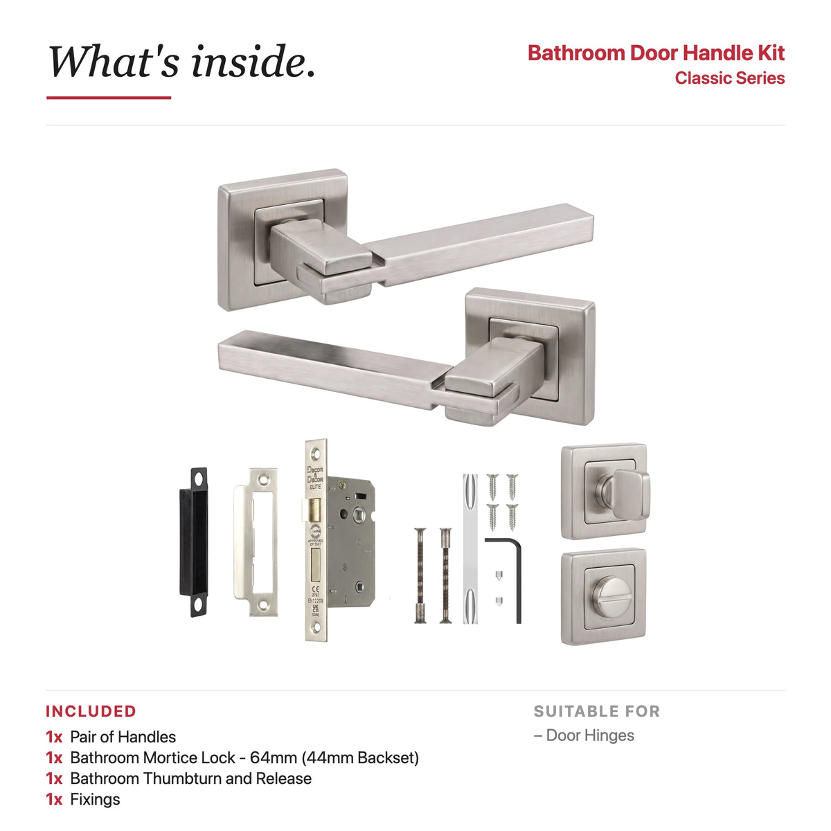 Nexus Satin Nickel Bathroom Door Lever Handles – showing what's included in the box