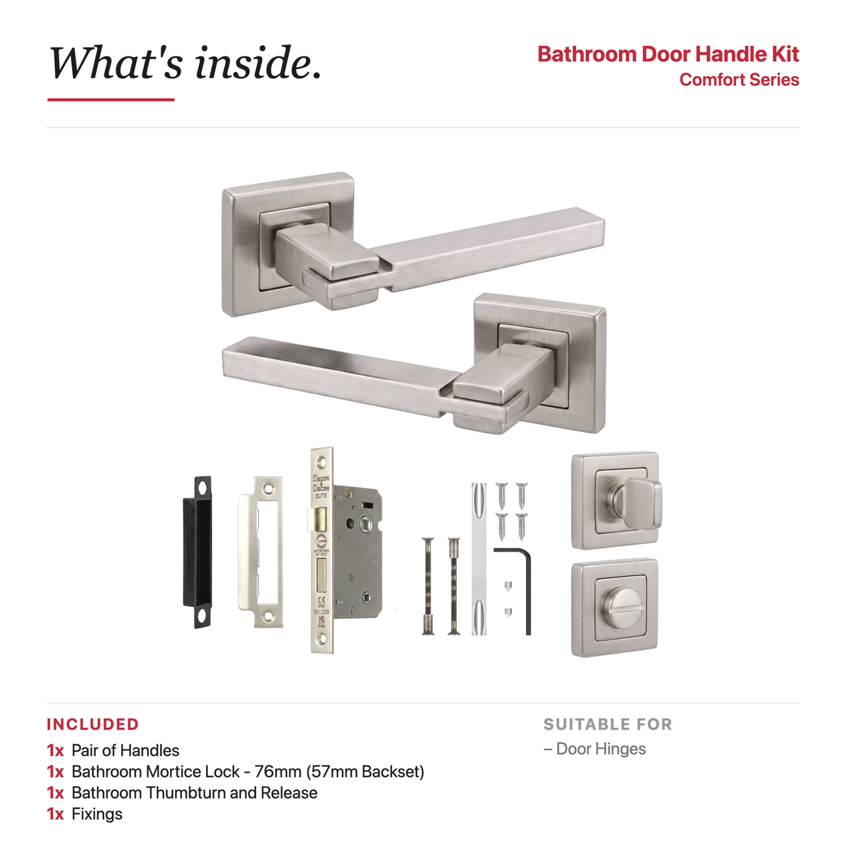 Nexus Satin Nickel Bathroom Door Lever Handles – showing what's included in the box