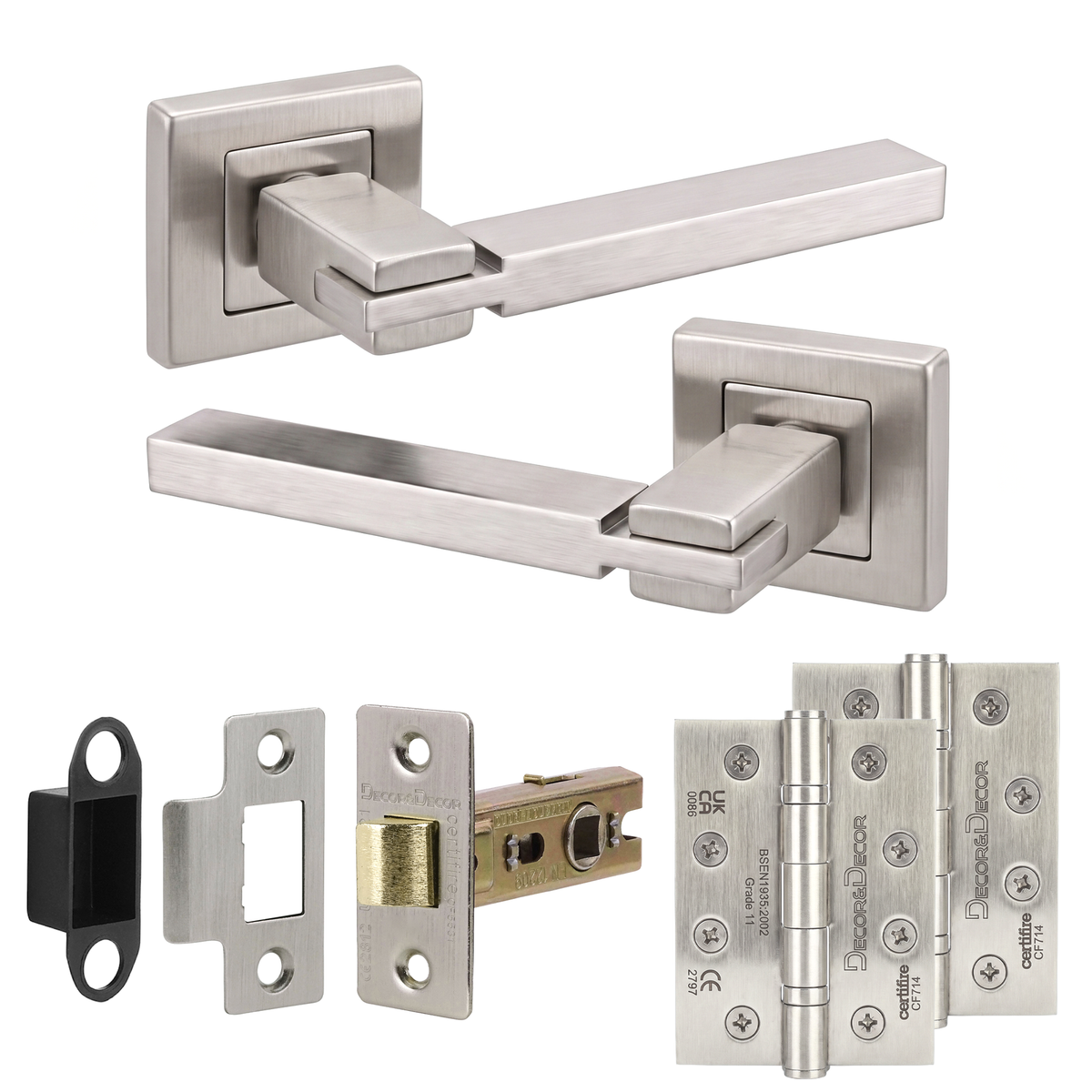 Nexus Satin Nickel Passage Door Lever Handles - Hinge Kit 102mm