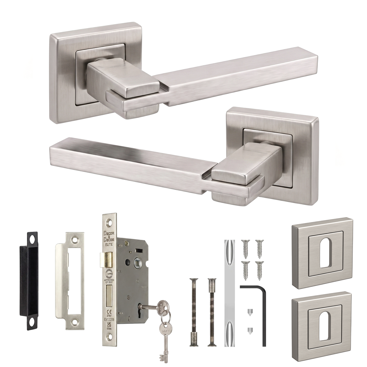 Nexus Satin Nickel Privacy Door Lever Handles - Sash Lock Kit 76mm