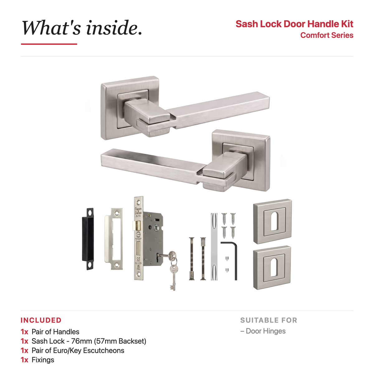 Nexus Satin Nickel Privacy Door Lever Handles – showing what's included in the box