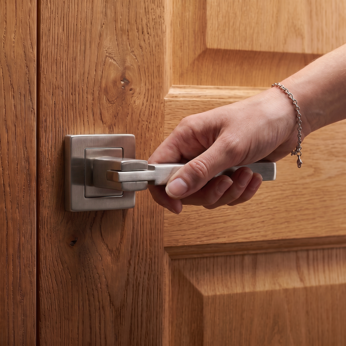 Nexus Satin Nickel Passage Door Lever Handles – held in hand to show the size and finish