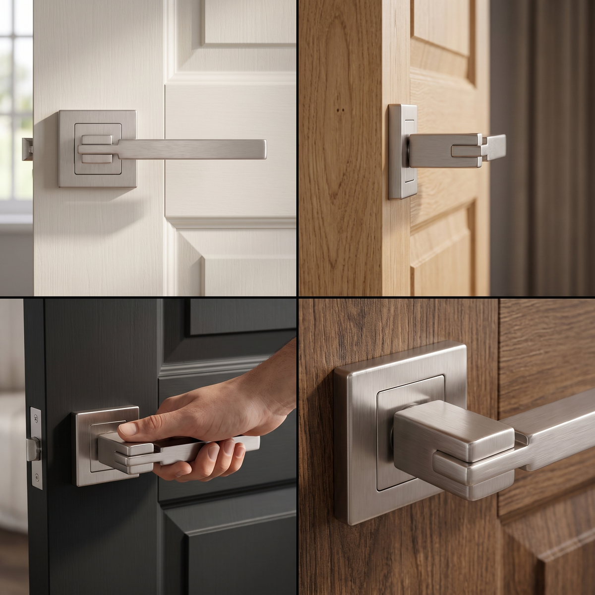 Nexus Satin Nickel Bathroom Door Lever Handles – fitted on an interior door in a styled room setting
