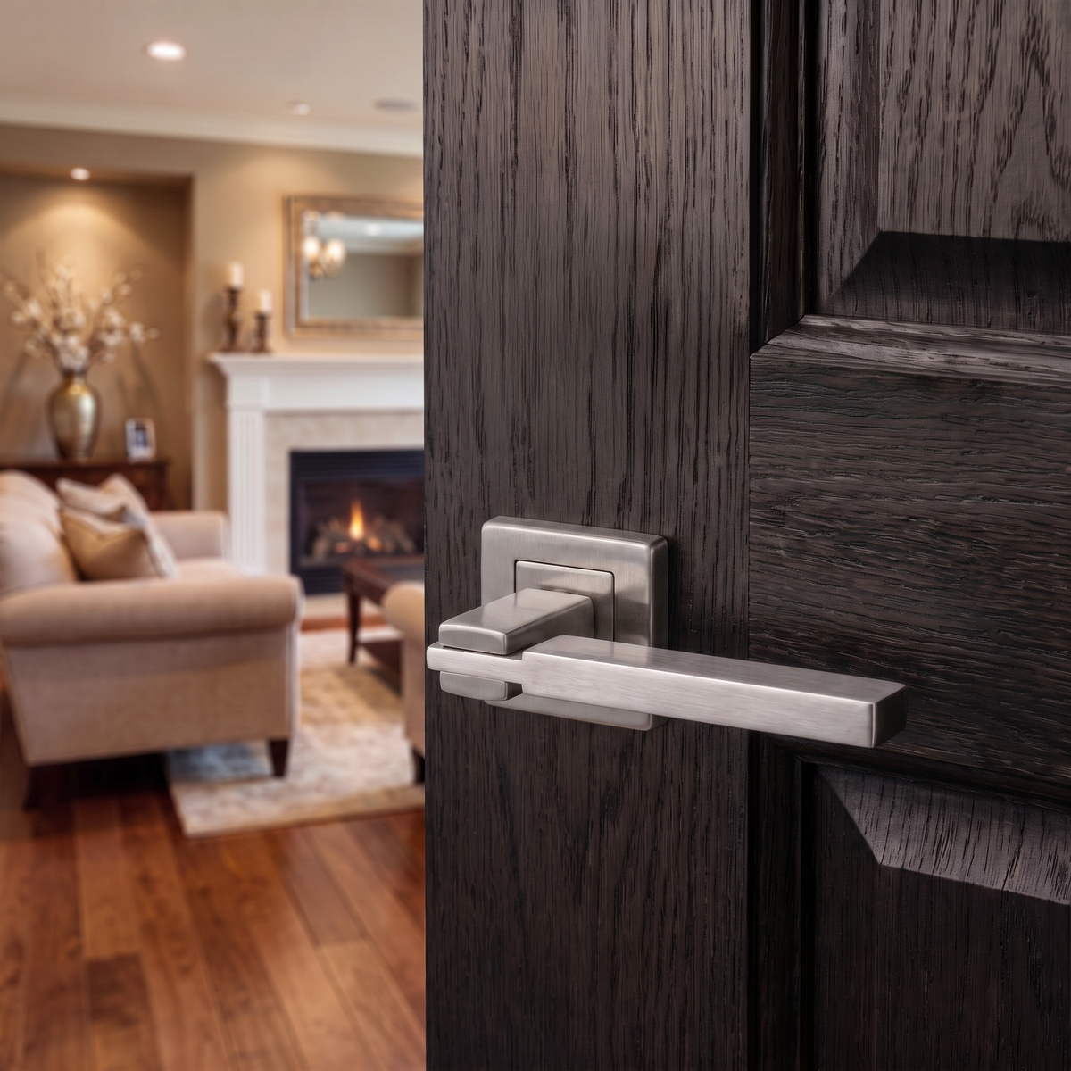 Nexus Satin Nickel Bathroom Door Lever Handles – fitted on an interior door in a styled room setting 2