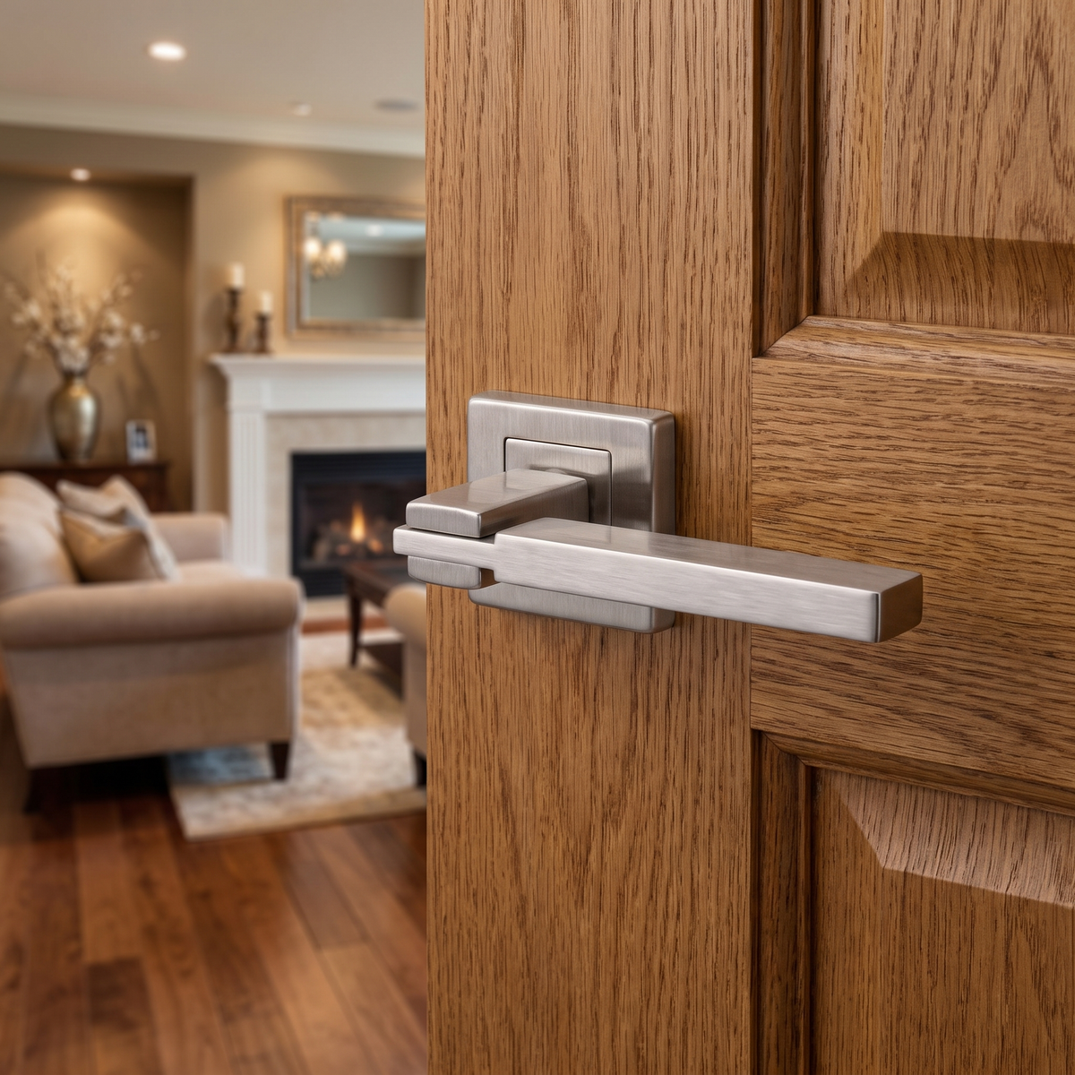 Nexus Satin Nickel Passage Door Lever Handles – fitted on an interior door in a styled room setting 3