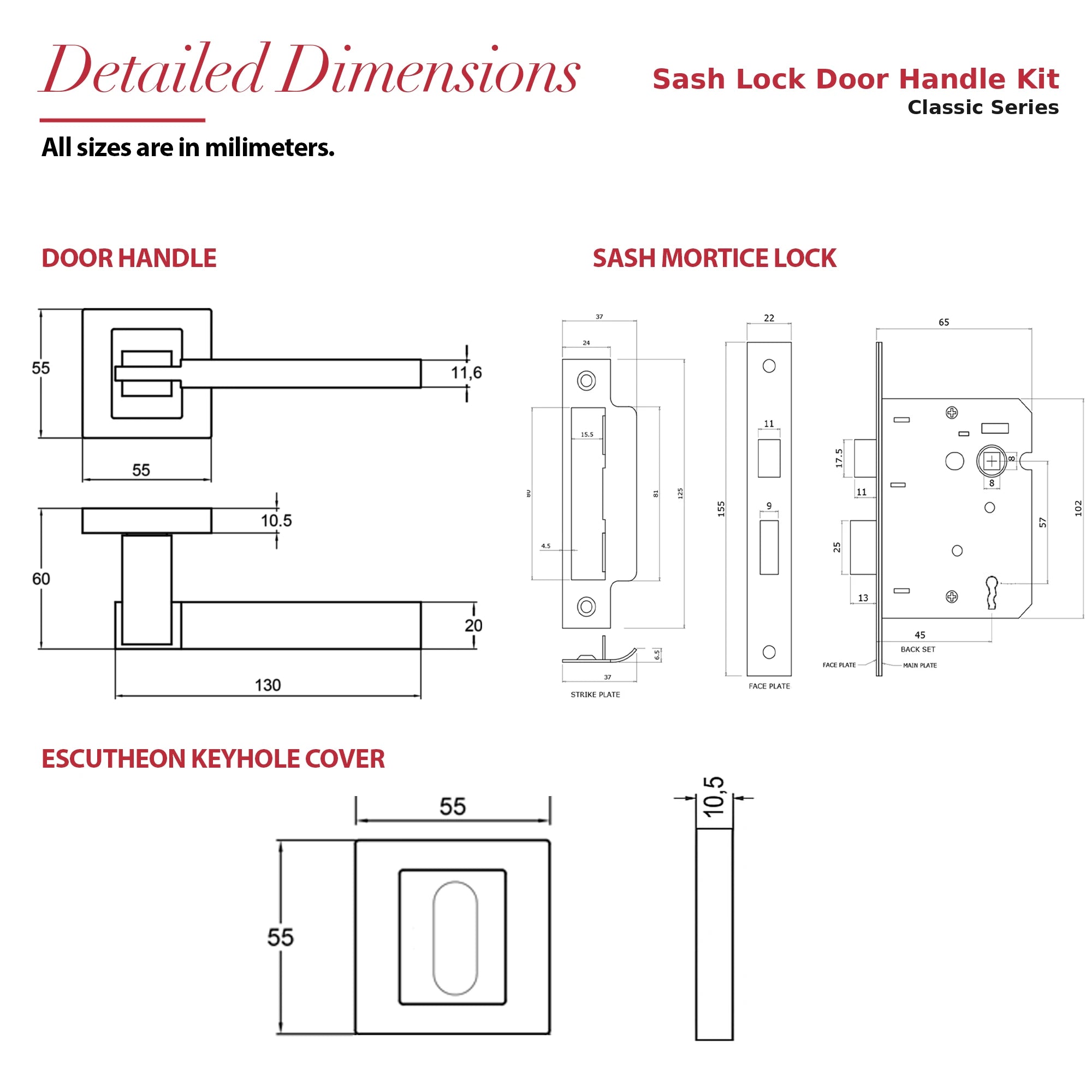 Nexus Satin Nickel Privacy Door Lever Handles – dimensions and measurements diagram