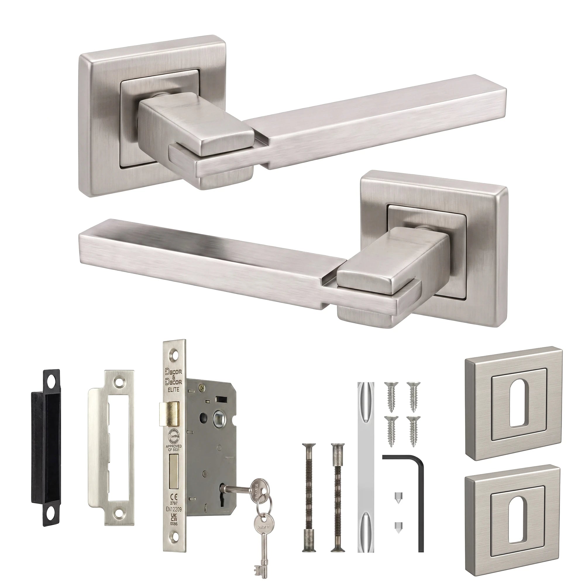 Nexus Satin Nickel Privacy Door Lever Handles - Sash Lock Kit Set