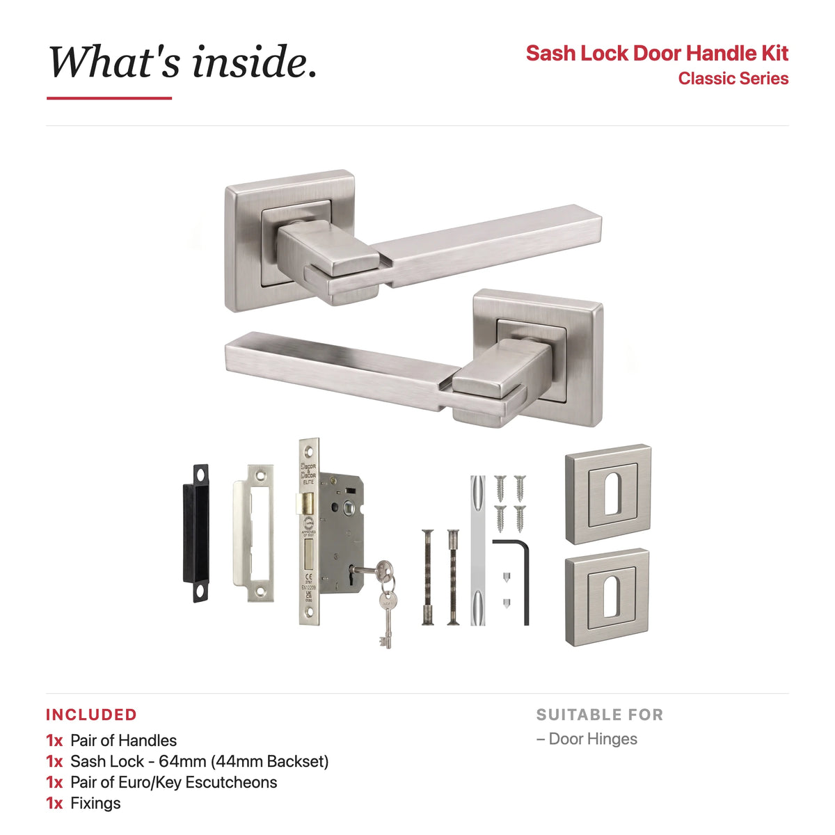 Nexus Satin Nickel Privacy Door Lever Handles – showing what's included in the box