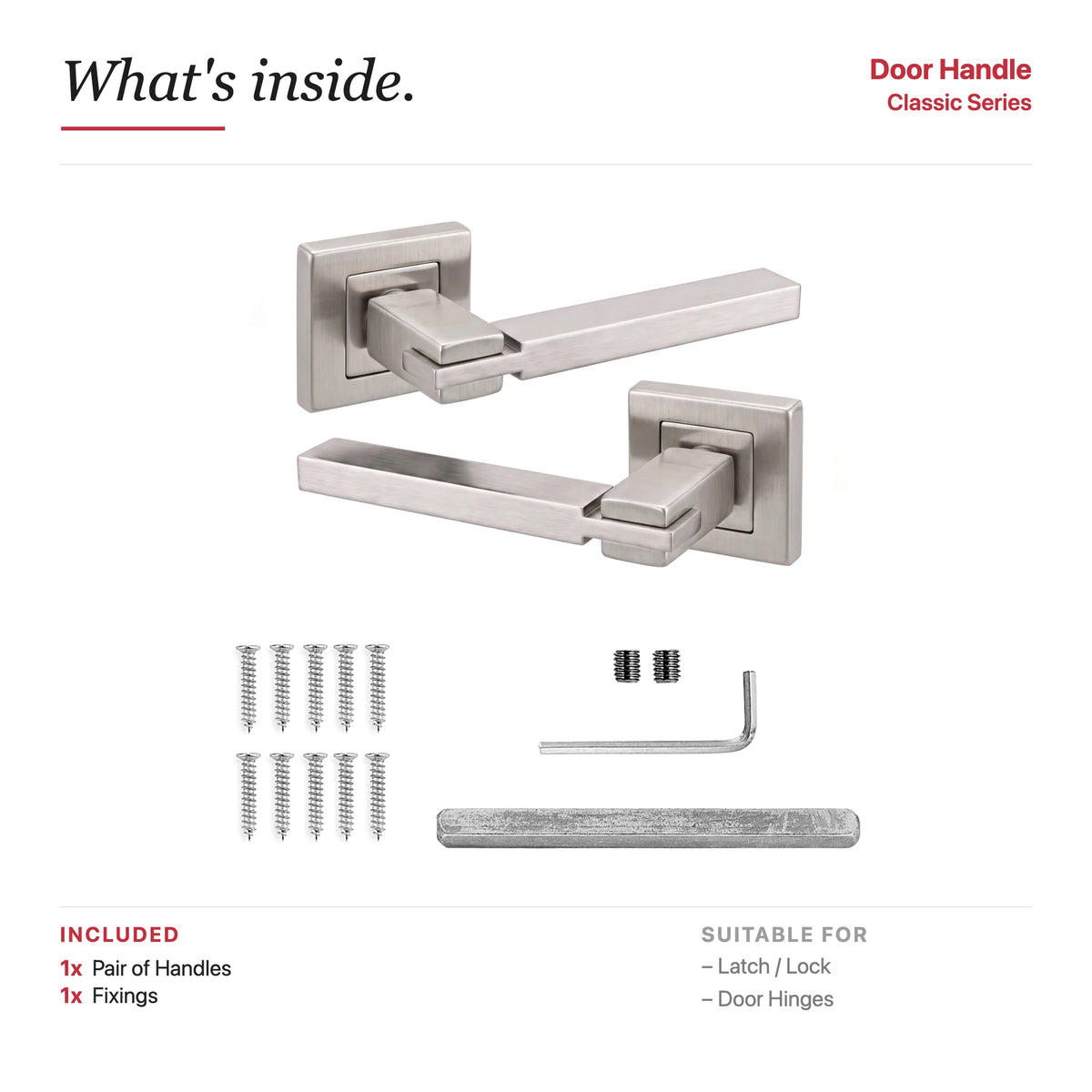 Nexus Satin Nickel Door Lever Handles – showing what's included in the box