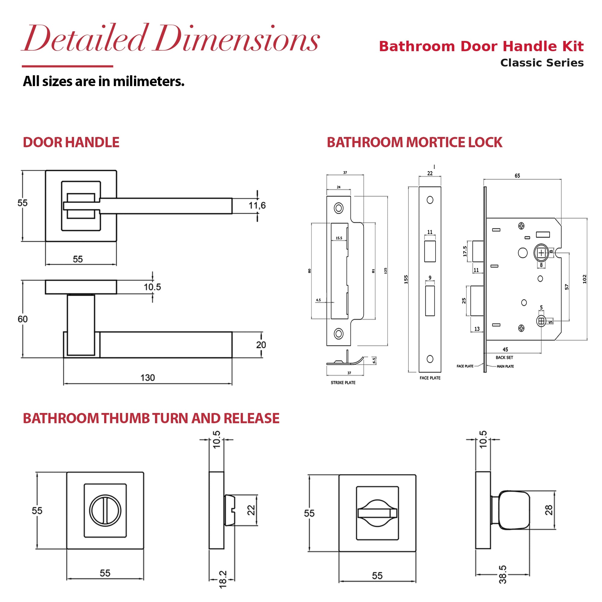 Nexus Matt Black Bathroom Door Lever Handles – dimensions and measurements diagram