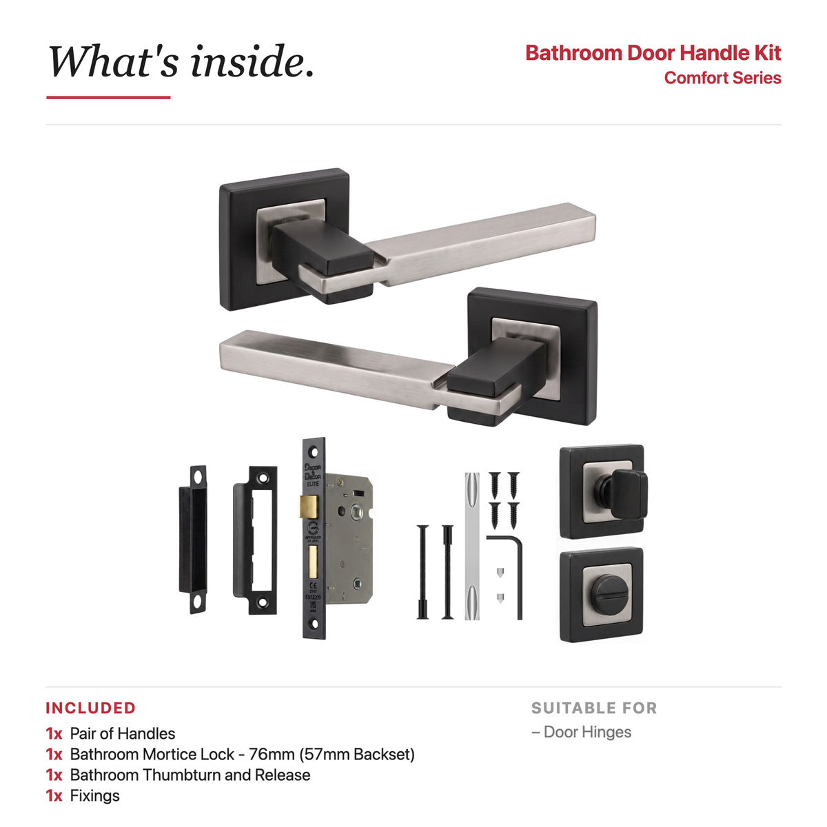 Nexus Duo Finish Bathroom Door Lever Handles – showing what's included in the box
