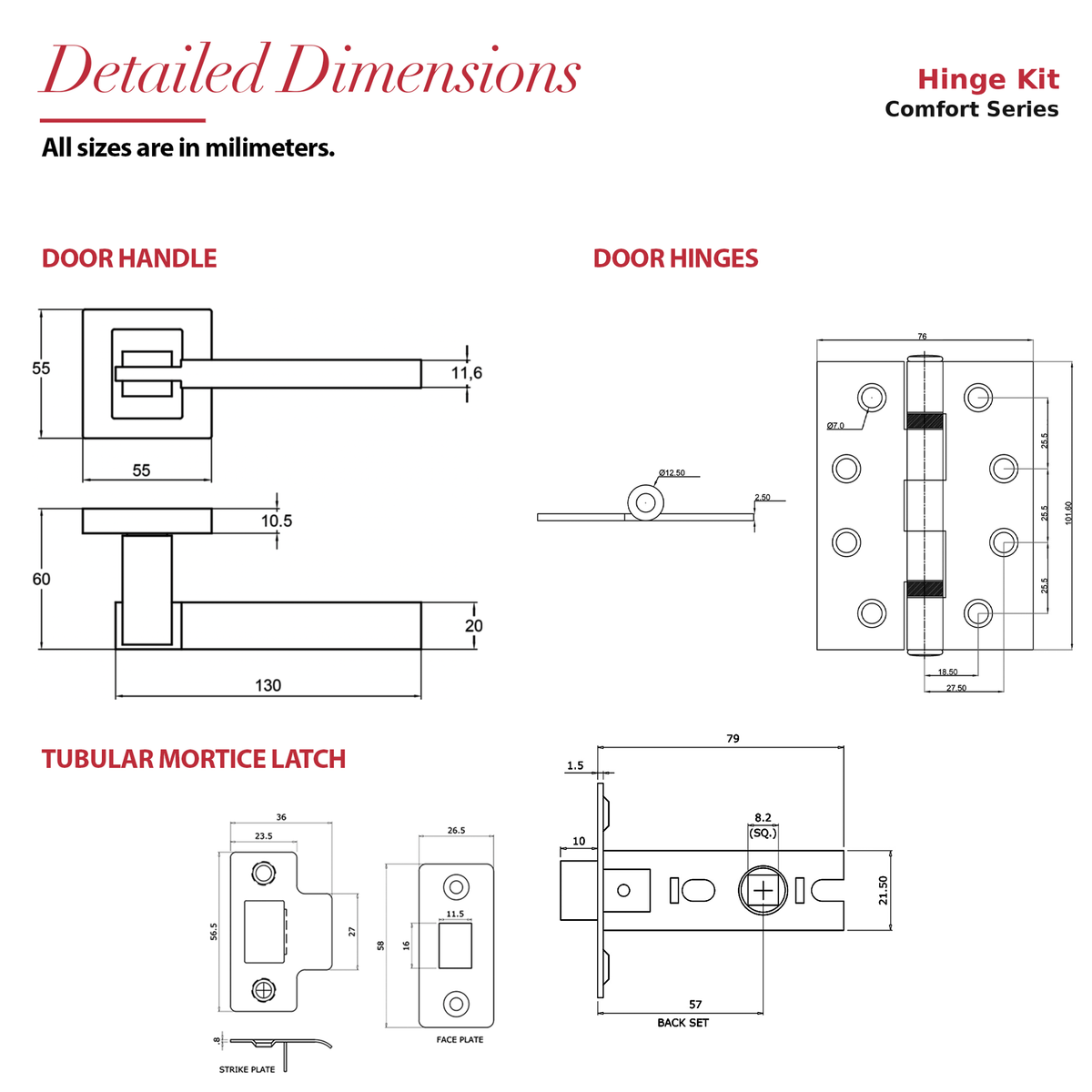 Nexus Duo Finish Passage Door Lever Handles – dimensions and measurements diagram