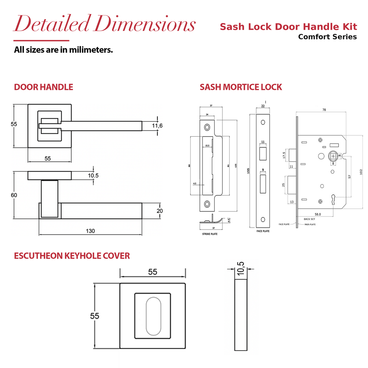 Nexus Duo Finish Privacy Door Lever Handles – dimensions and measurements diagram