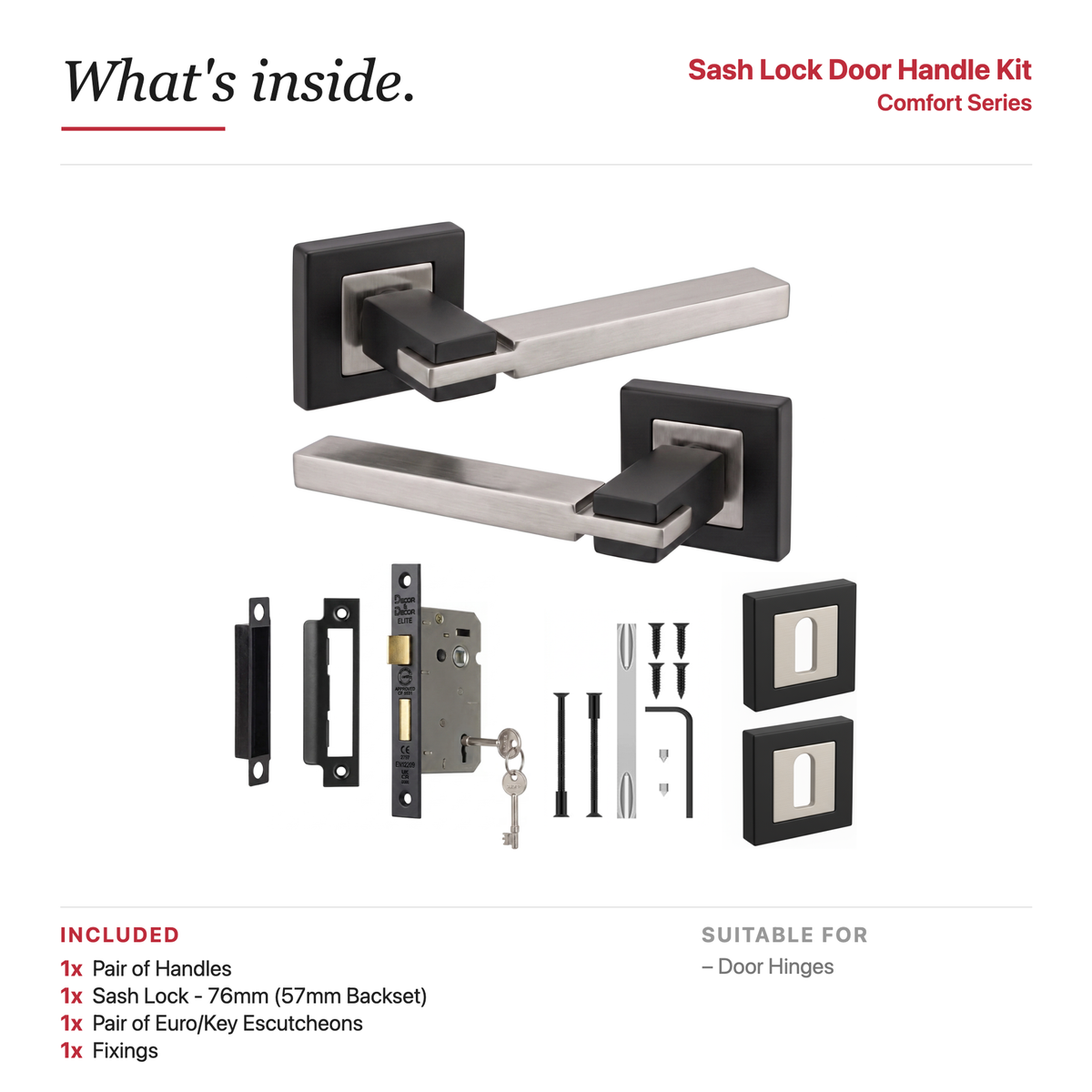 Nexus Duo Finish Privacy Door Lever Handles – showing what's included in the box