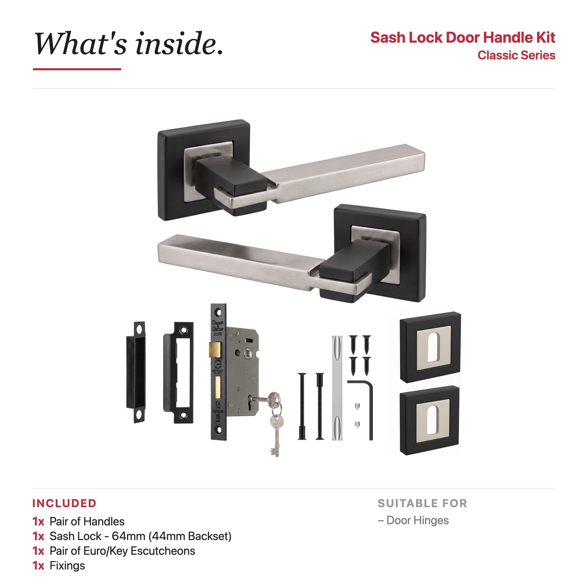 Nexus Duo Finish Privacy Door Lever Handles – showing what's included in the box