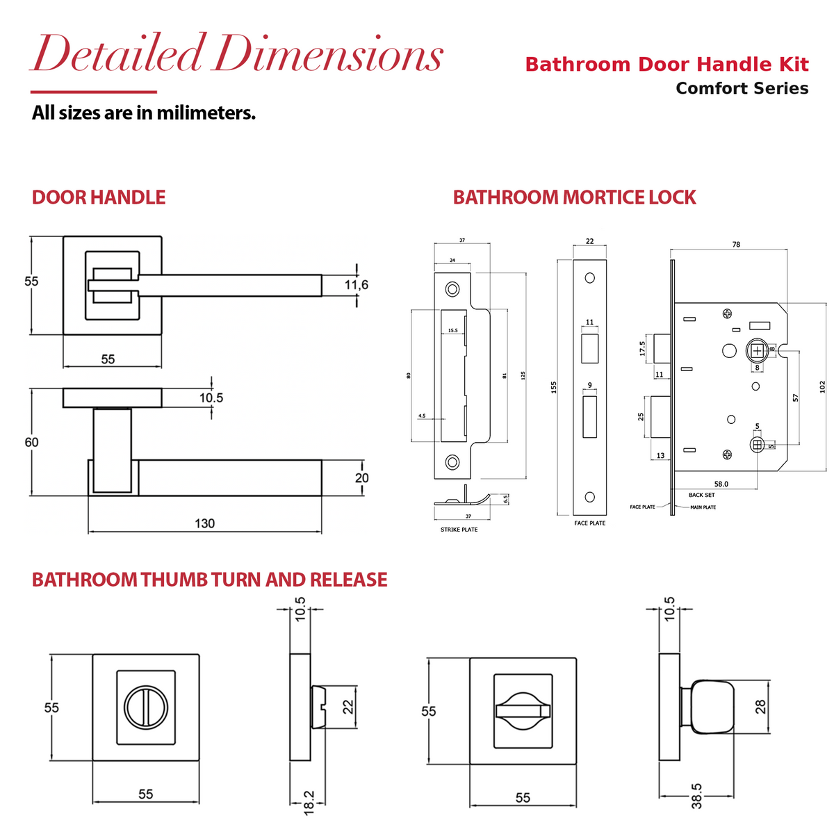 Nexus Matt Black Bathroom Door Lever Handles – dimensions and measurements diagram