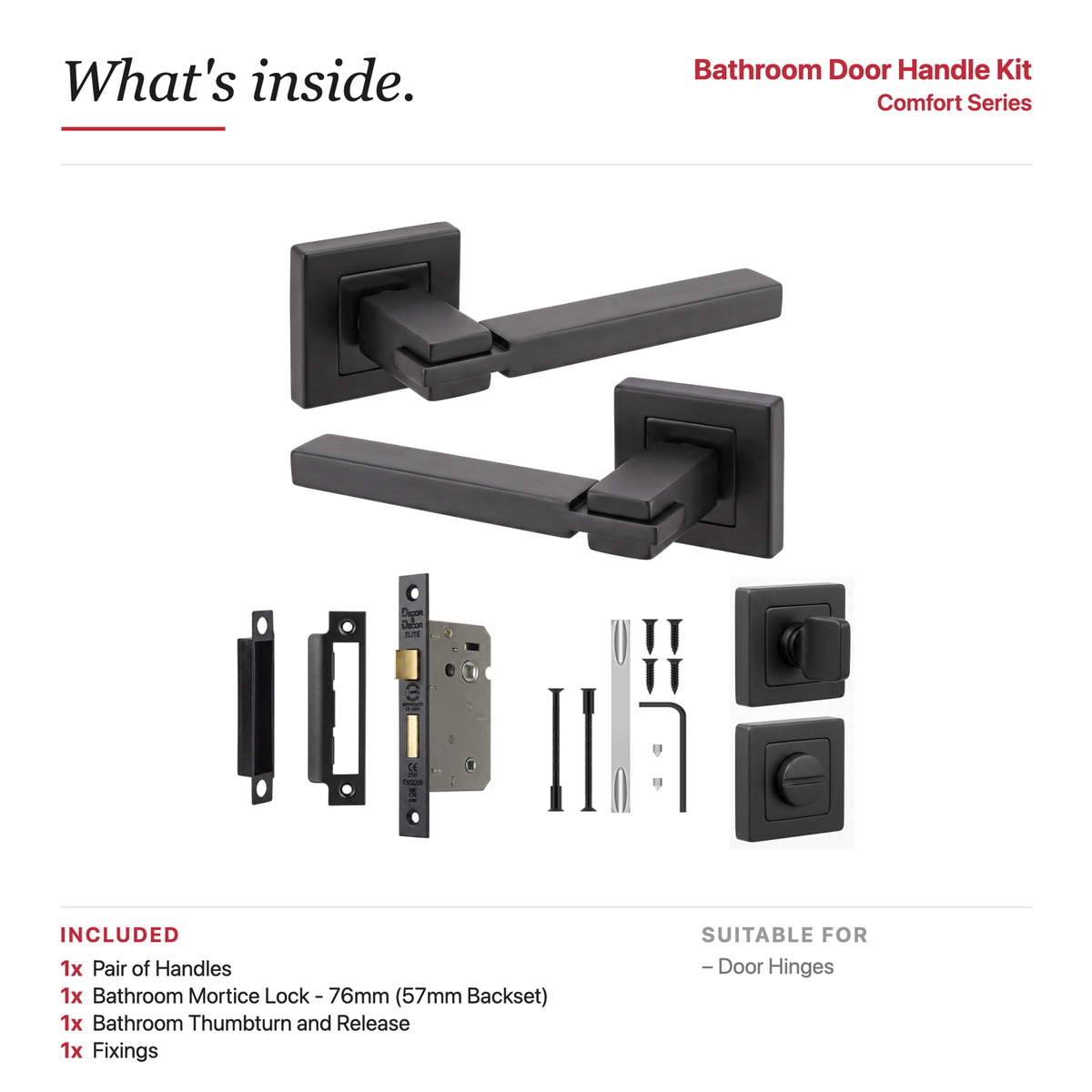 Nexus Matt Black Bathroom Door Lever Handles – showing what's included in the box