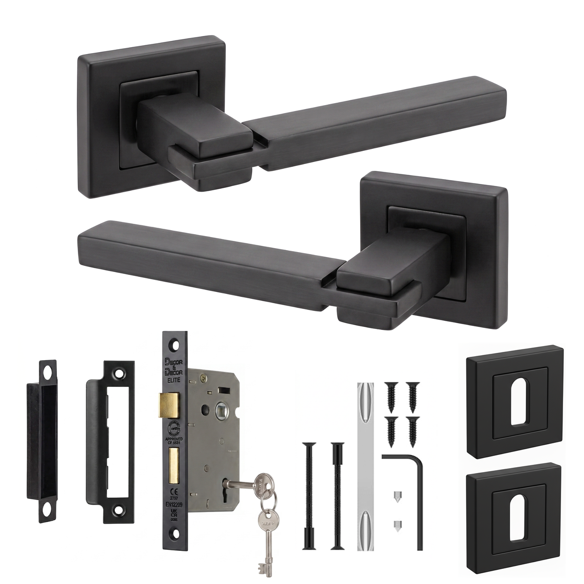 Nexus Matt Black Privacy Door Lever Handles - Sash Lock Kit 76mm