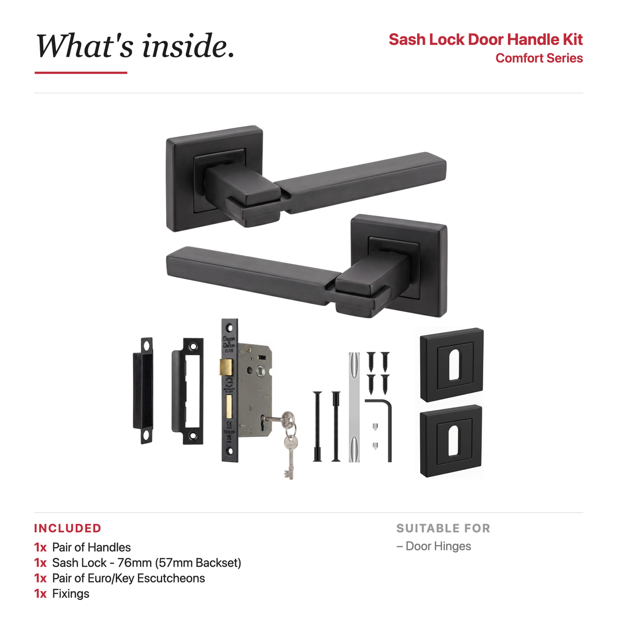 Nexus Matt Black Privacy Door Lever Handles – showing what's included in the box