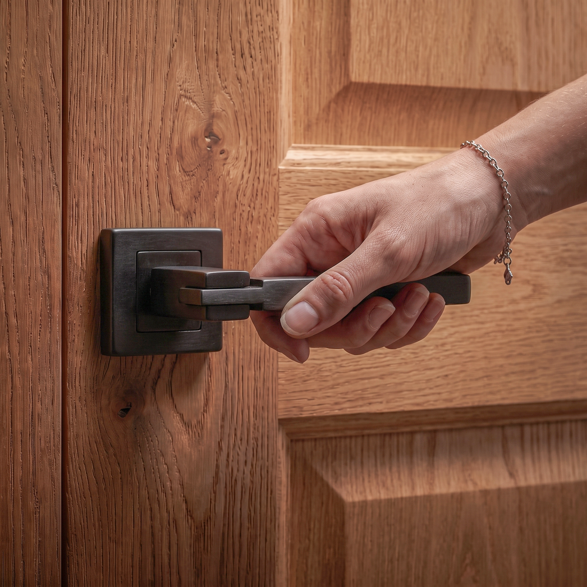 Nexus Matt Black Door Lever Handles – held in hand to show the size and finish