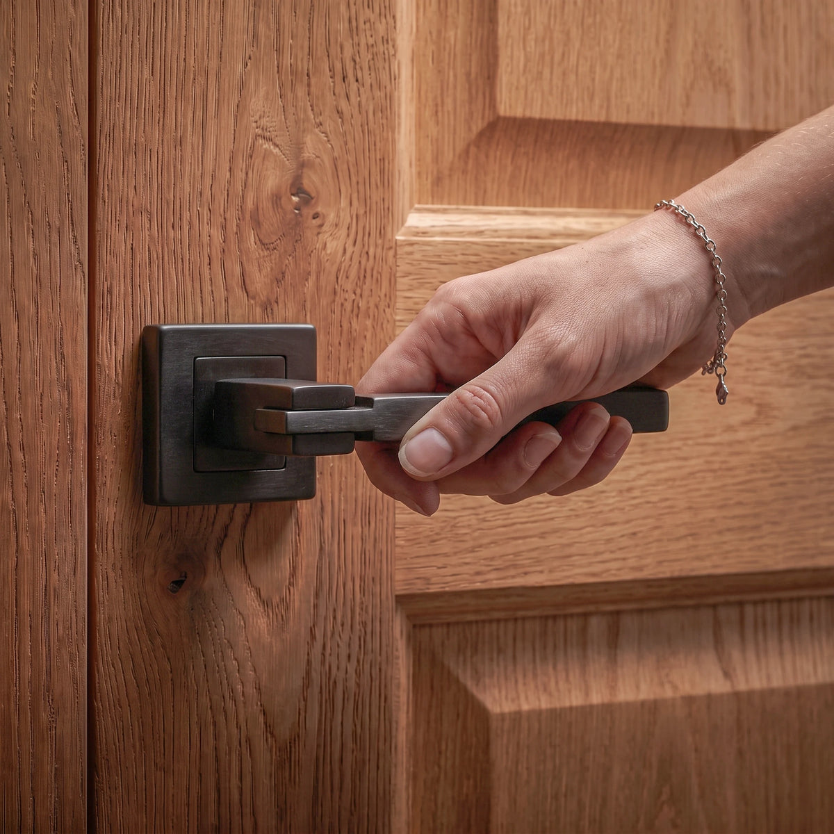Nexus Matt Black Door Lever Handles – held in hand to show the size and finish