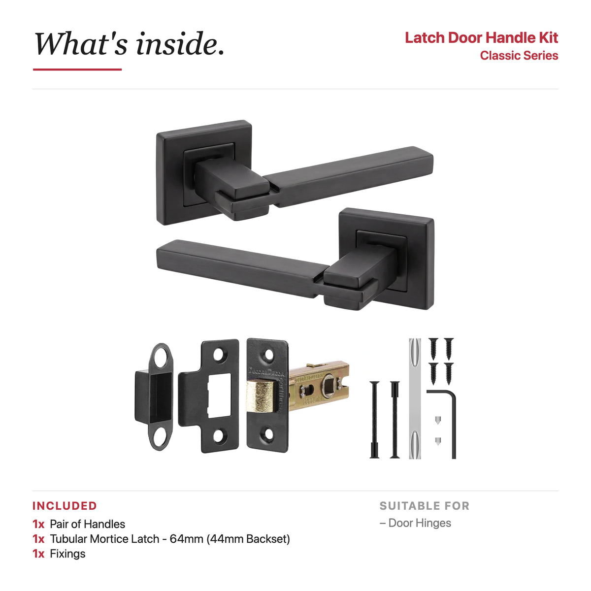 Nexus Matt Black Passage Door Lever Handles – showing what's included in the box