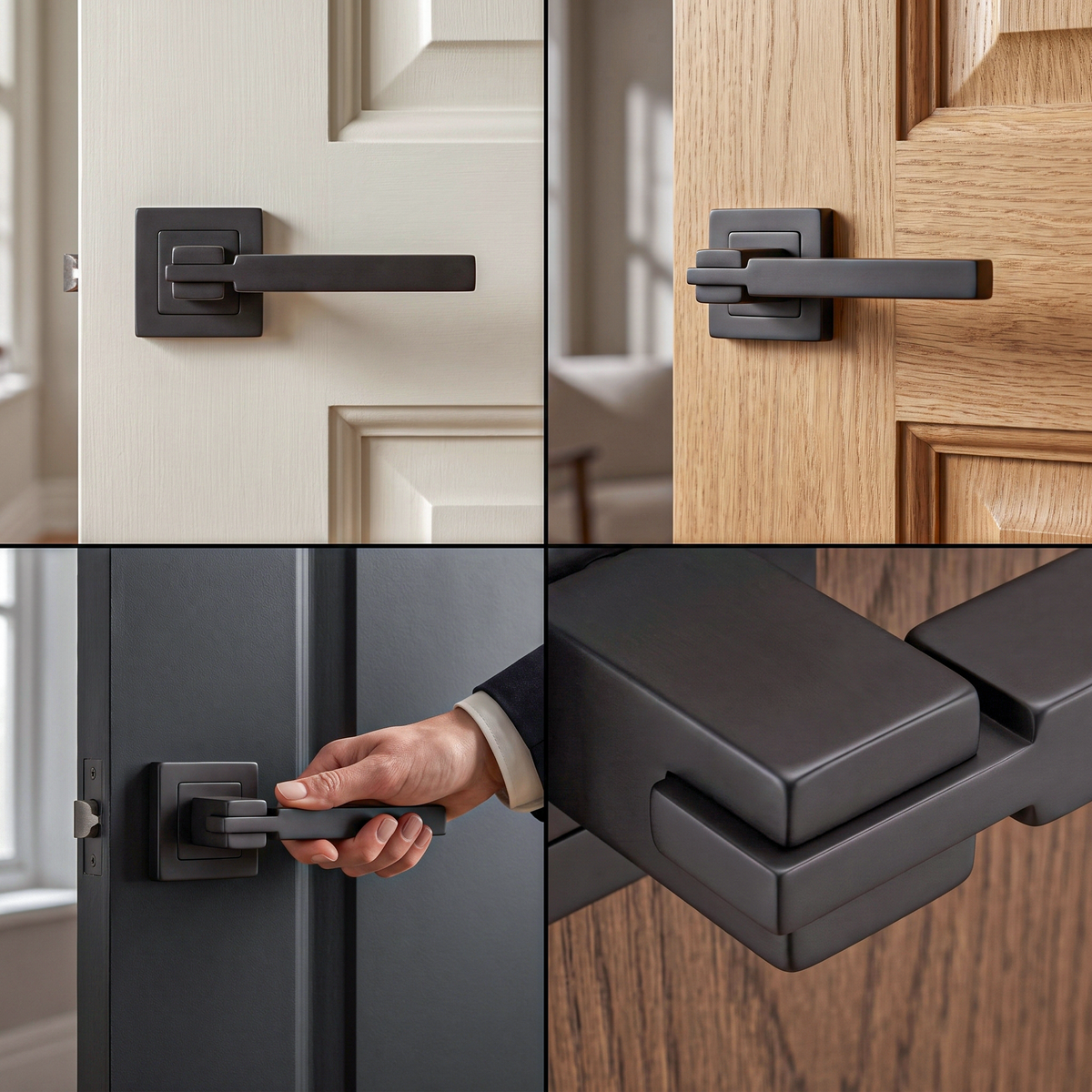 Nexus Matt Black Door Lever Handles – fitted on an interior door in a styled room setting