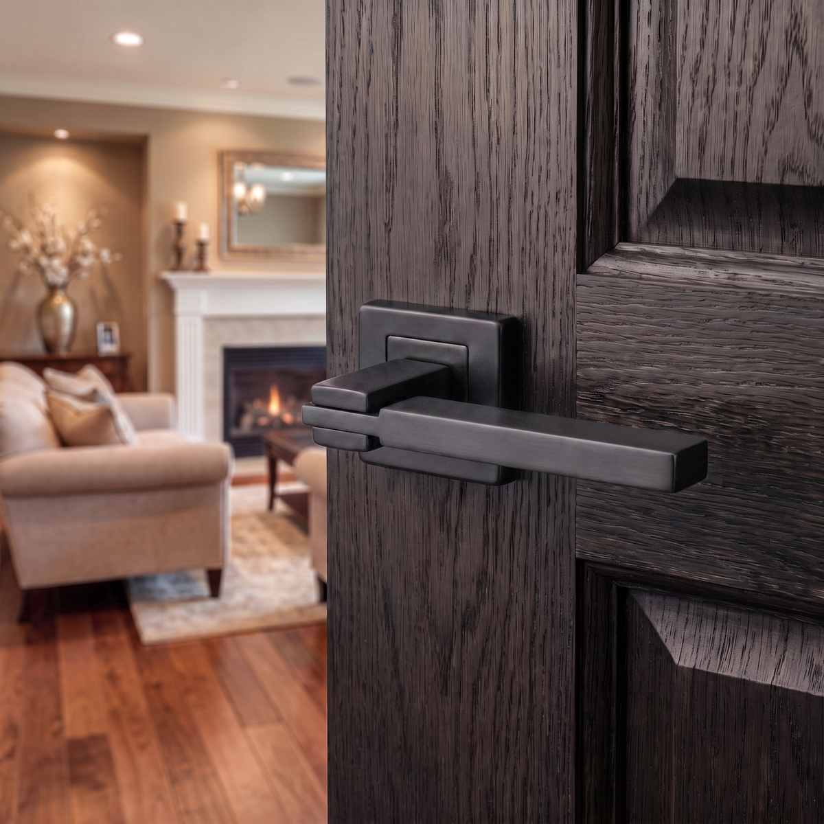 Nexus Matt Black Door Lever Handles – fitted on an interior door in a styled room setting 3