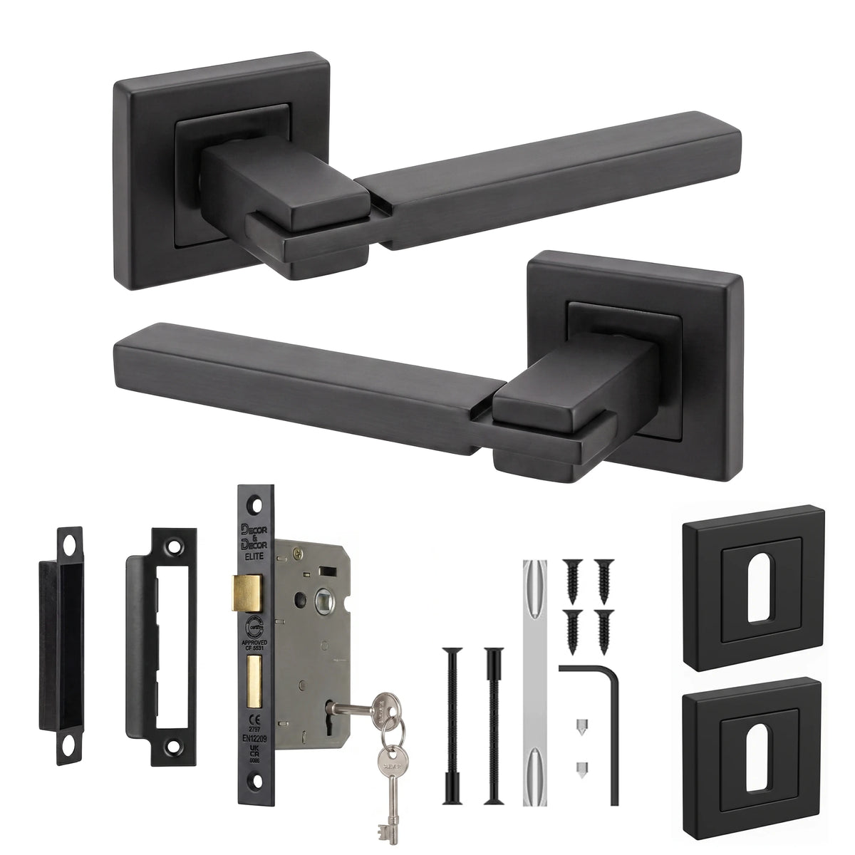 Nexus Matt Black Privacy Door Lever Handles - Sash Lock Kit Set