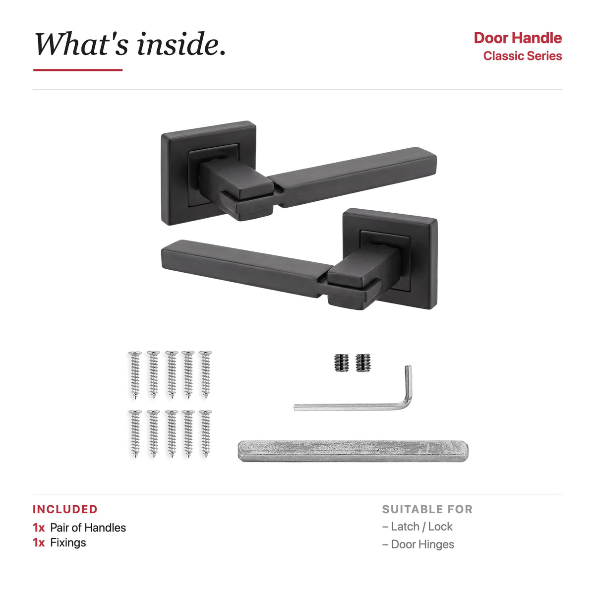 Nexus Matt Black Door Lever Handles – showing what's included in the box