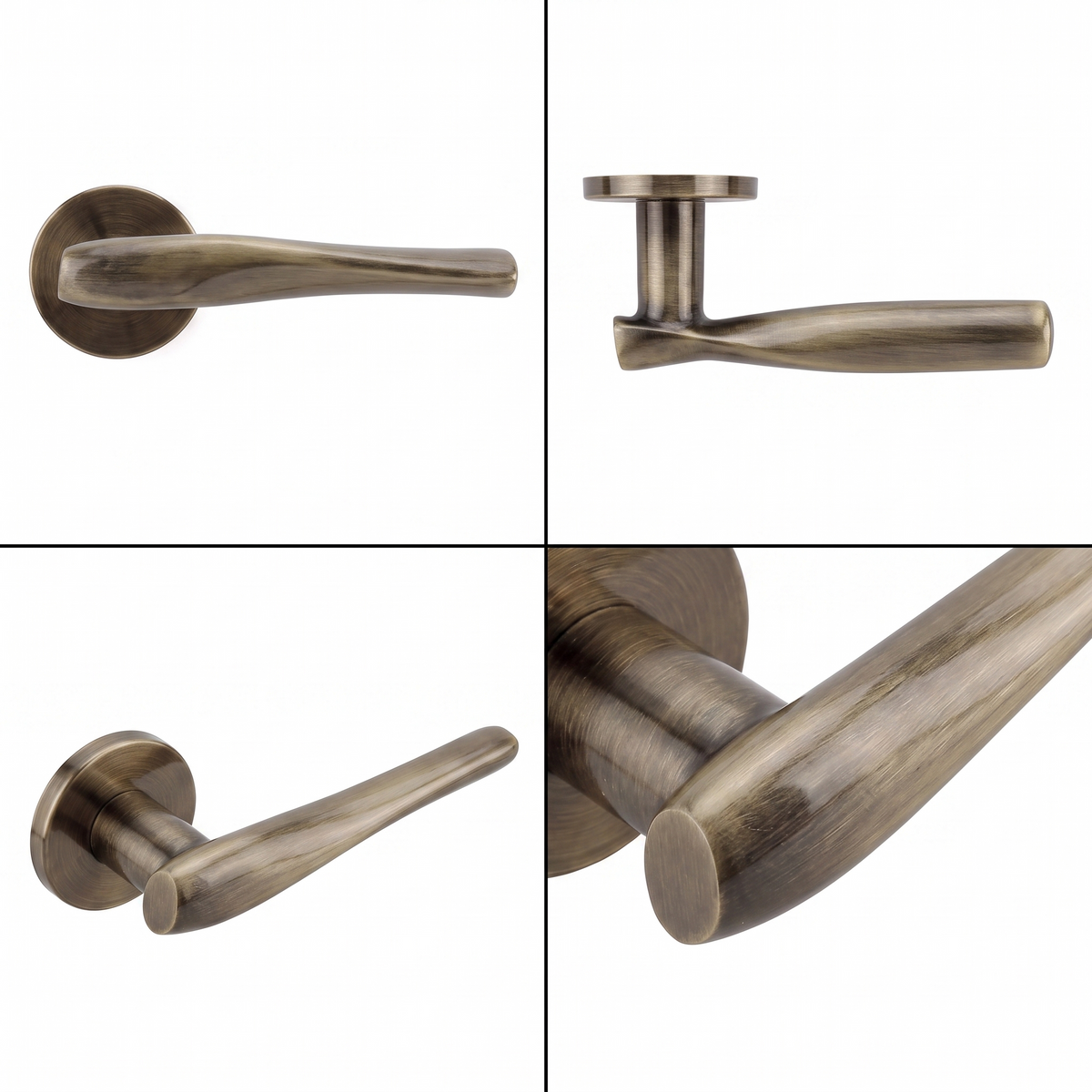 Nanda Antique Brass Door Lever Handles – shown from multiple angles