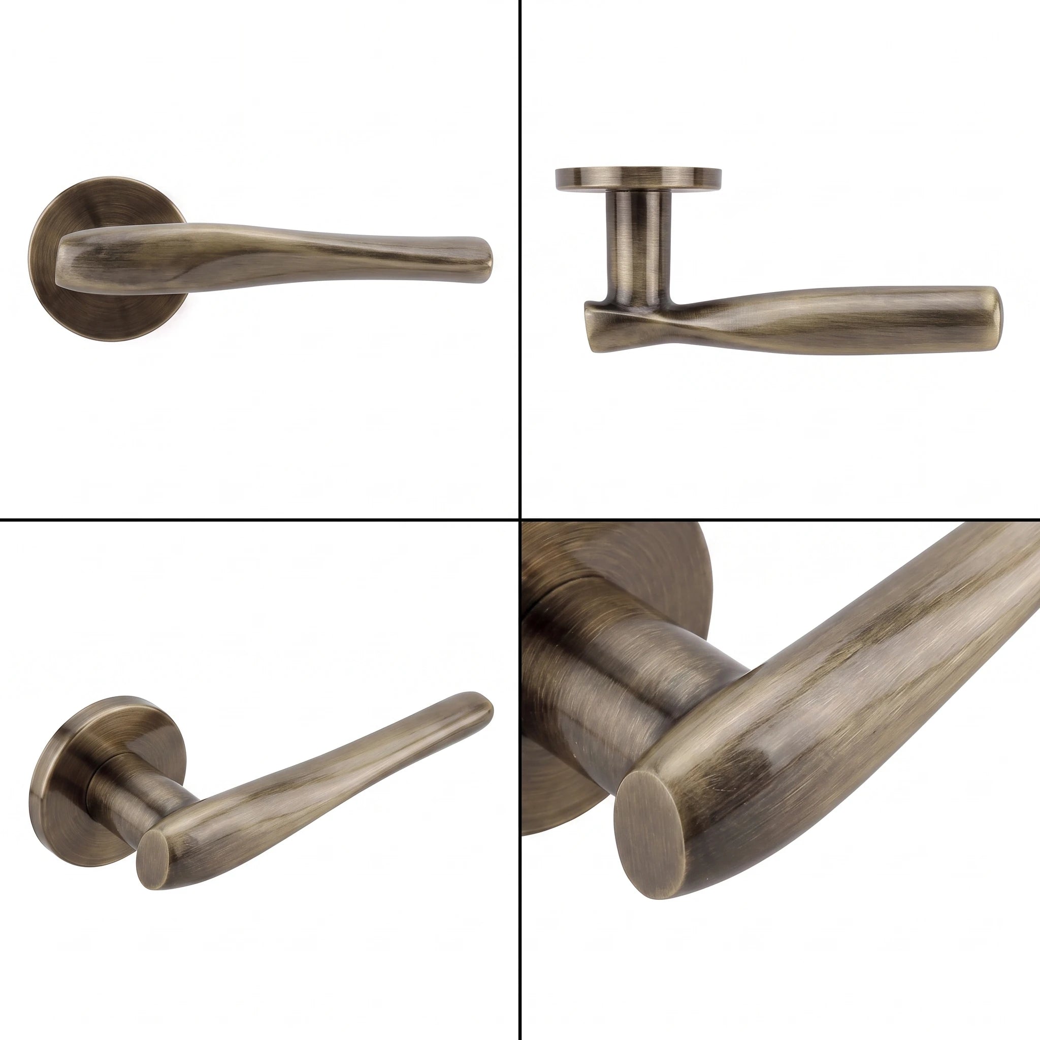 Nanda Antique Brass Bathroom Door Handles – shown from multiple angles