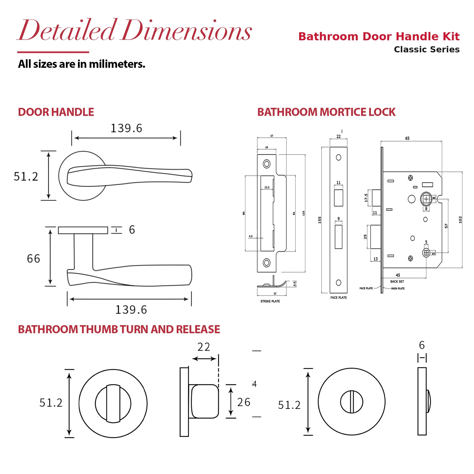 Nanda Antique Brass Bathroom Door Handles – dimensions and measurements diagram