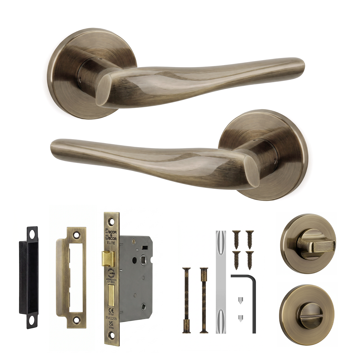 Nanda Antique Brass Bathroom Door Lever Handles - Bathroom Kit 76mm
