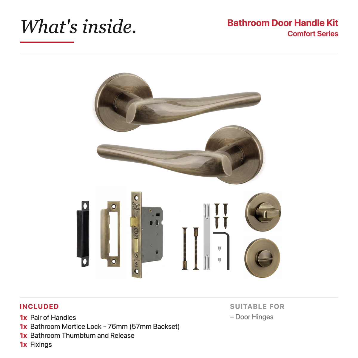 Nanda Antique Brass Bathroom Door Lever Handles – showing what's included in the box