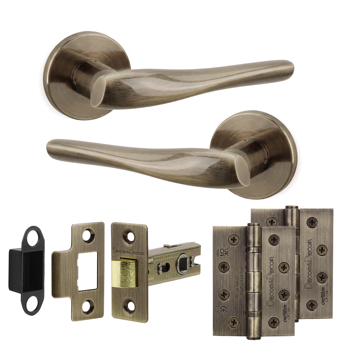 Nanda Antique Brass Passage Door Lever Handles - Hinge Kit 102mm