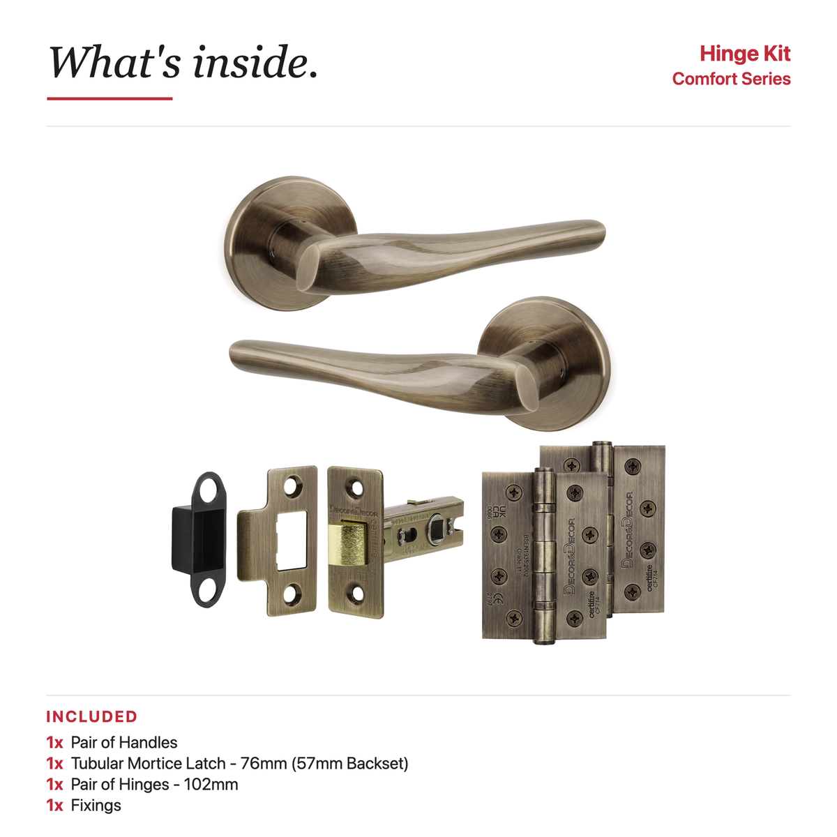 Nanda Antique Brass Passage Door Lever Handles – showing what's included in the box