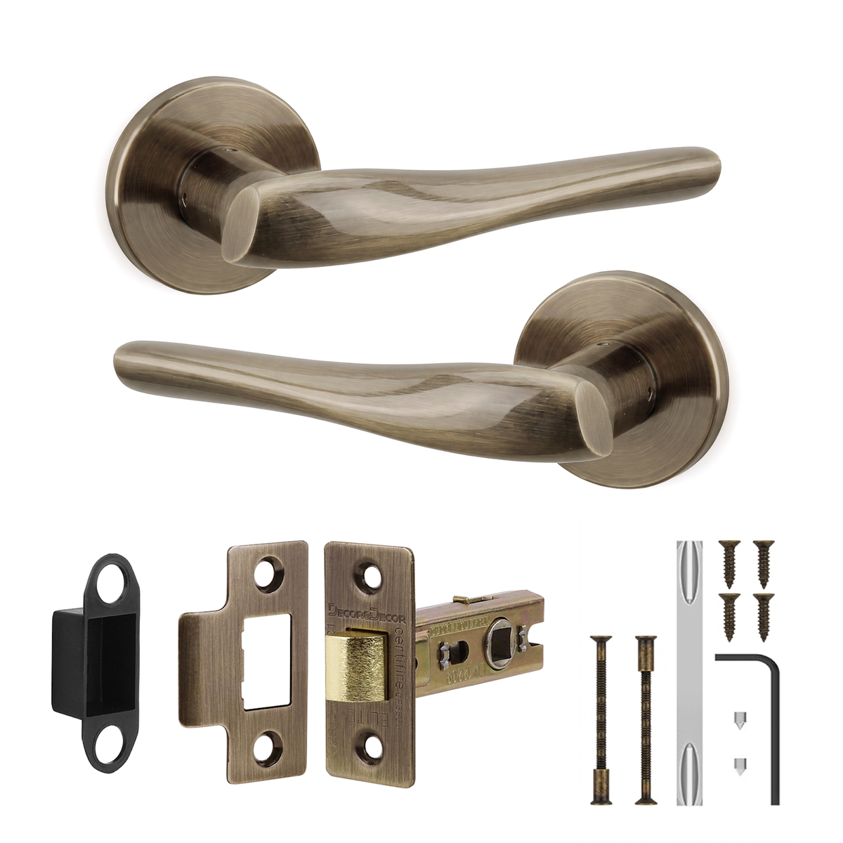 Nanda Antique Brass Passage Door Lever Handles - Latch Kit 76mm