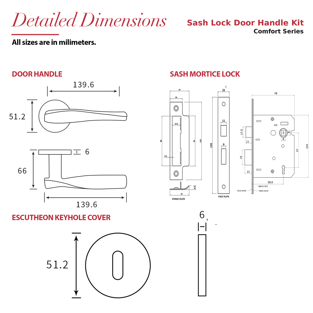 Nanda Antique Brass Privacy Door Lever Handles – dimensions and measurements diagram