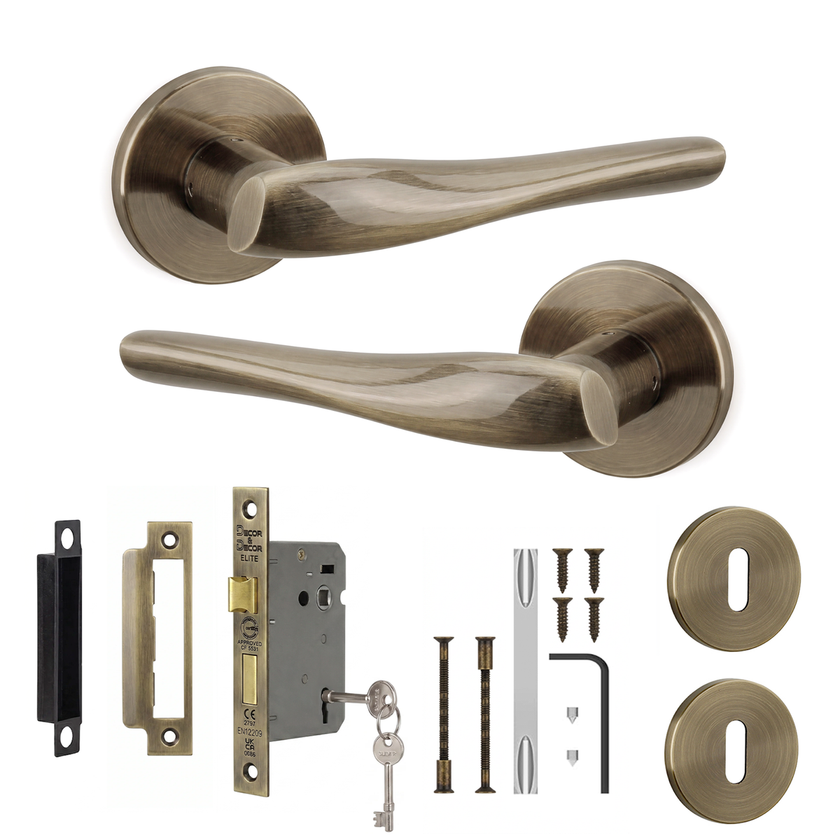 Nanda Antique Brass Privacy Door Lever Handles - Sash Lock Kit 76mm