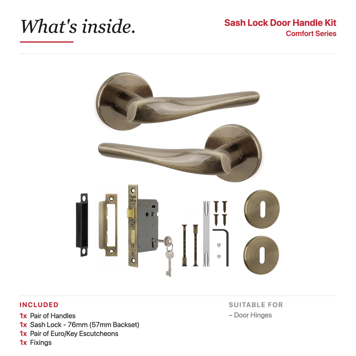 Nanda Antique Brass Privacy Door Lever Handles – showing what's included in the box