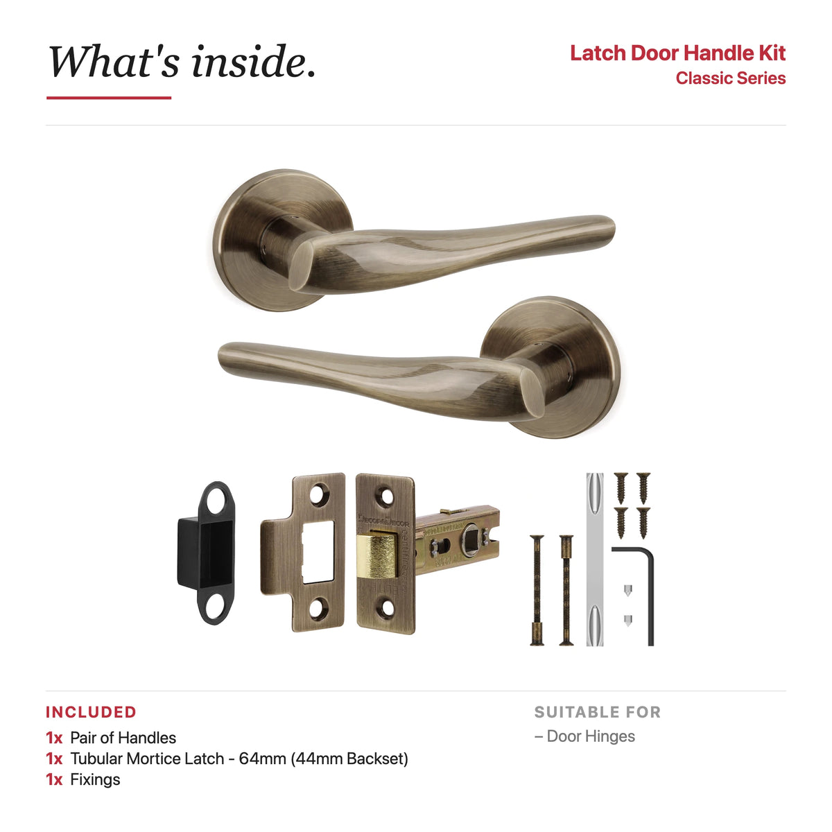 Nanda Antique Brass Passage Door Handles – showing what's included in the box
